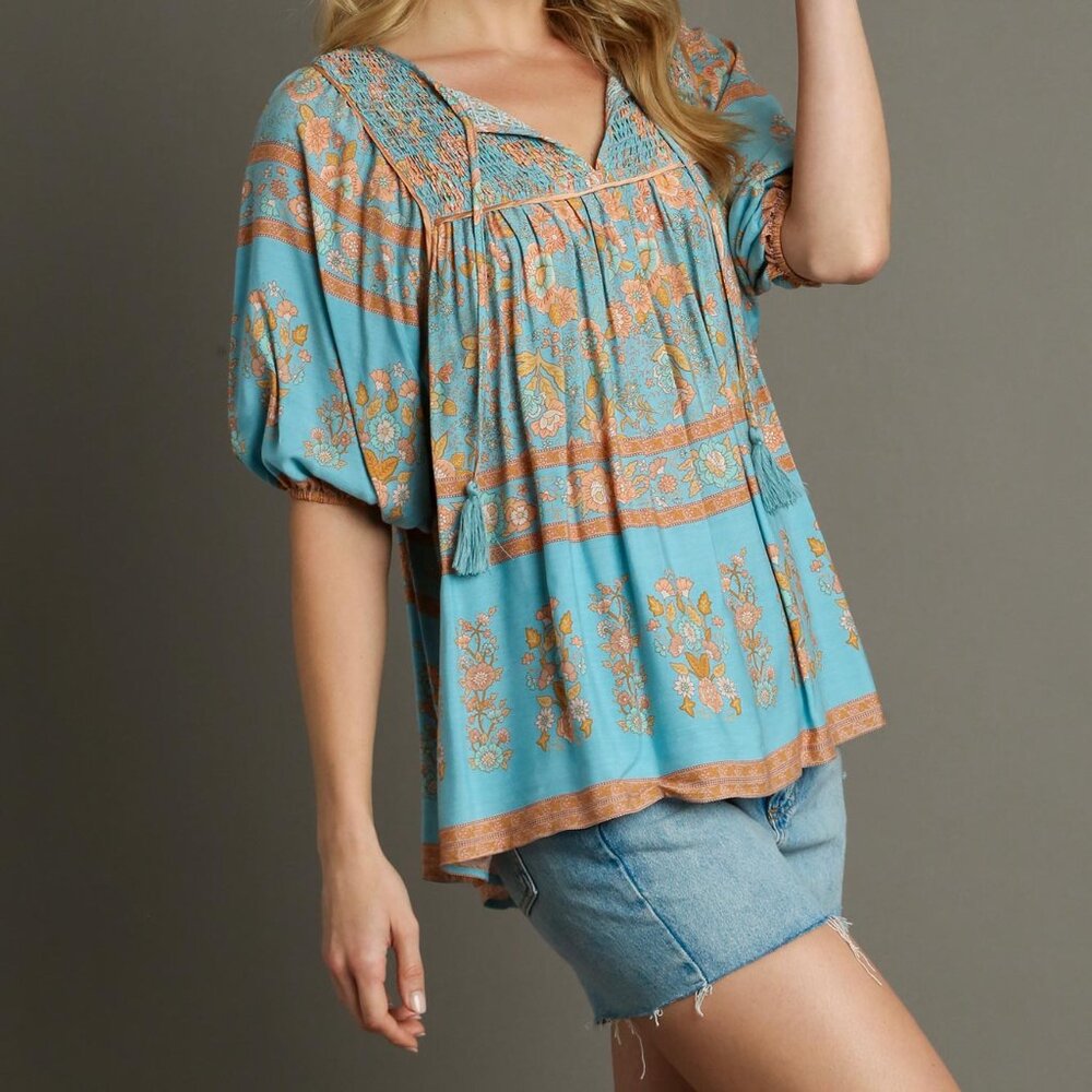 Umgee Mixed Print Boxy Cut Pleated, & Smocked Details Top